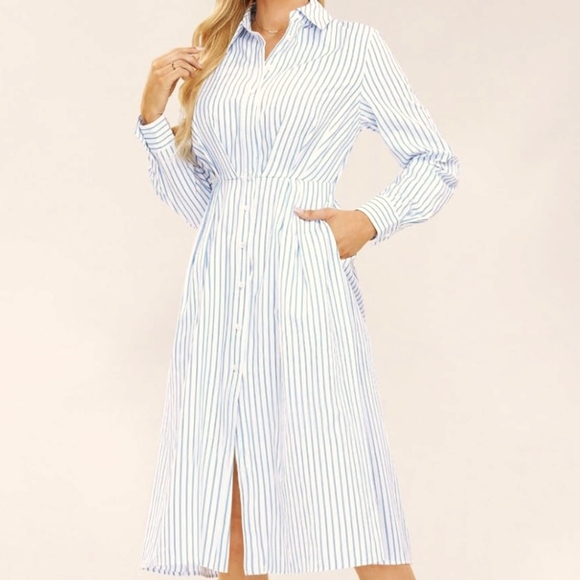 EXLURA Dresses & Skirts - EXLURA Women's Long Sleeve Striped Button Down Shirt Dress with Pockets
